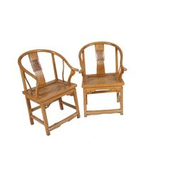 Collection of 4 Chinese Arm Chairs All have natural elm finish, 2 have cloud motif on band rail arms