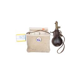 Lot of Black Powder Shooting Items Including a brass tipped reloading flask with #2 shot, and a leat