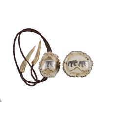 Folk Art Antler Bolo Tie & Matching Belt Buckle Signed Wilson on back with inlaid silver bear design