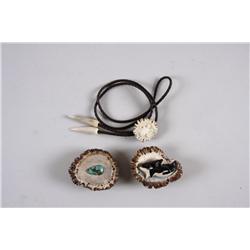 Collection of 3 Folk Art Pieces Consisting of a bolo tie with big horn sheep design, and  two belt b