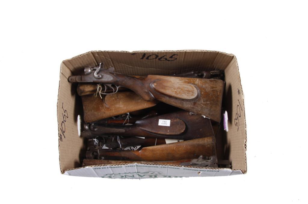 Lot of 12 Double Barrel Shotgun Stocks Consists of 12 wood stocks from mostly European double barrel