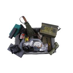 Bonanza Lot of Gun Stuff Includes 3 military ammo cans, gun accessories, binoculars, ear plugs, stap