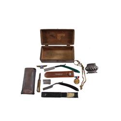 Bonanza Lot in Wood Box Consisting of 2 antique straight razors, a table top silver plated lighter, 
