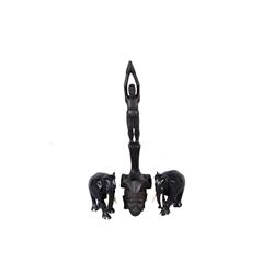 Wooden African Carvings 2 are elephants with pre-ban ivory tusks and 1 figural carving. Total of 3 p