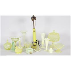 Large Lot of Green Vaseline Glass Includes vases, candy dishes, bowls, cups, candleholders and many 