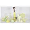 Large Lot of Green Vaseline Glass Includes vases, candy dishes, bowls, cups, candleholders and many 
