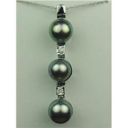 Ladies 14K WG Custom Design Pendant Set with 3 round blue/gray pearls averaging 7.00mm in diameter a