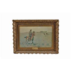 Unusual 2 Prints on Canvas Anticipation & Exasperation of 2 Charles Russell famous works. At the bas