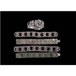 Lot of 5 Silver Bracelets 1- sterling Art Deco cuff bracelet,1- Egyptian bracelet with a green stone