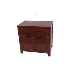 Asian Red Lacquer Night Stand With 2 small drawers and 2 lower doors, shows age and some wood separa
