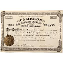 CO - San Juan County,c1880 - Cameron Gold and Silver Mining Company Stock Certificate - Fenske Colle
