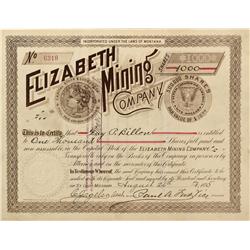 MT - Aug. 26, 1895 - Elizabeth Mining Company Stock Certificate - Fenske Collection