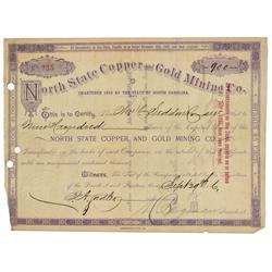 NC - September 29, 1886 - North State Copper and Gold Mining Co., Stock