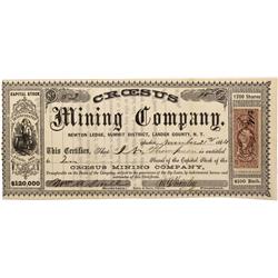 NV - Austin,Lander County - 1864 - Craesus Mining Company Stock Certificate - Clint Maish Collection