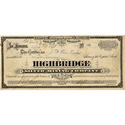 NV - Belmont,Nye Coutny - Aug. 19, 1878 - Highbridge Silver Mining Company Stock Certificate - Clint