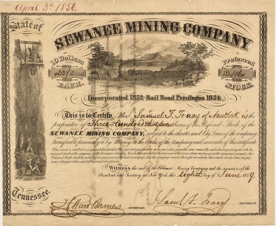 TN Grundy County,June 8, 1859 Sewanee Mining Company Stock