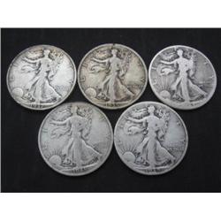 Lot of (5) Walking Liberty Half Dollars From Cache