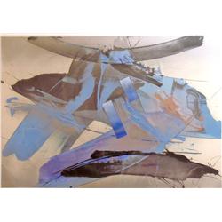 BLUE ABSTRACT PAINTING ON PAPER HAND SIGNED ORIGINAL ART