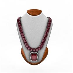 Genuine 70.14 ctw Garnet & Diamond Necklace 14kt W/Y Gold 37g (Emerald Cut)