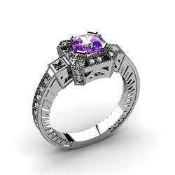 Genuine 1.48 ctw Amethyst Cushion Engrave & Diamond Ring 10kt White or Yellow Gold 6.15g