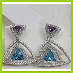 Genuine  0.94 ctw Amethys,  Blue Topaz & Diamond Earring  18KT White Gold