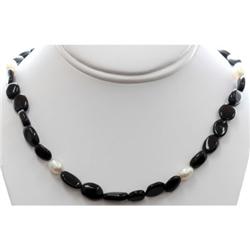 Natural Black Tourmaline and Pearl Beads Necklace with clasp
