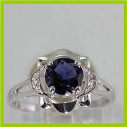 Genuine 1.02 ctw Iolite & Diamond Ring 14KT White Gold