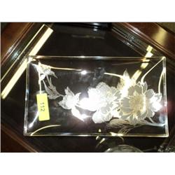 DECORATIVE GLASS TRAY W/SILVER INLAY