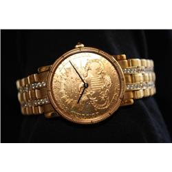 YELLOW GOLD CORUM COIN WATCH WITH GOLD BRACELET AND DIAMOND PAVE. INSURANCE APPRAISAL: $ 14,907.00