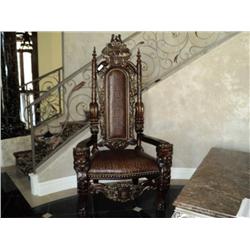 KING'S ARM CHAIR, LION'S HEAD, ORNATE, LEATHER THRONE CHAIR WITH FRENCH WALNUT FINISH AND LEATHER SE
