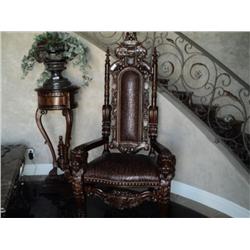 KING'S ARM CHAIR, LION'S HEAD, ORNATE, LEATHER THRONE CHAIR WITH FRENCH WALNUT FINISH AND LEATHER SE