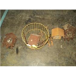 EGG BASKET W/ 4 EAST GERMAN CUCKOO CLOCKS