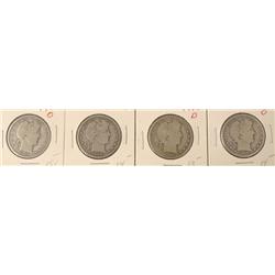 4 Barber Silver Half Dollars 1907-O, 1908, 08-D, 08-O