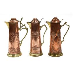 Jugenstil copper claret jugs