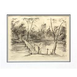 Etching, Ludwig Meidner, Couple by a Bridge