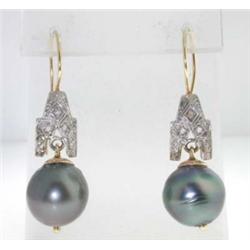 14K 2 -Tone Gold,  Diamond & Black Pearl Earrings