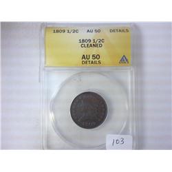 1809 US HALF CENT ANACS (AU50 DETAILS)