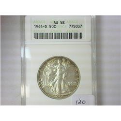 1944-D WALKING LIBERTY HALF  DOLLAR ANACS (AU58)