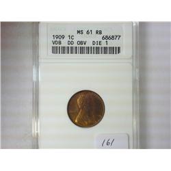 1909-VDB LINCOLN CENT DD OBV. DIE 1 ANACS MS61RB