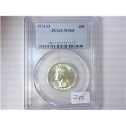 1951-D WASHINGTON SILVER QUARTER PCGS MS65