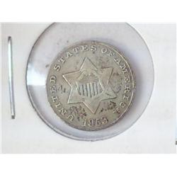 1853 TYPE 1 THREE CENT PIECE (SILVER) (VERY FINE)