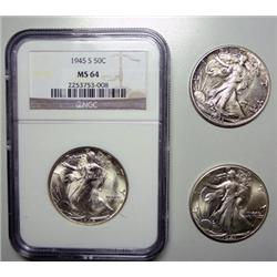 3 Walker half $ lot 1941 MS64(better than the slabbed 64 in this lot)1943 BU