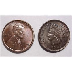 1901  Indian penny  - 1909VDB Lincoln .  both coins MS65 BROWN