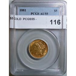 1881 $5 GOLD  PCGS55