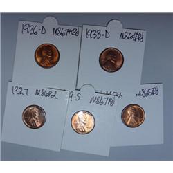 1927-32-33D-36D-39S Lincoln pennys  NICE RED at least MS63 coins