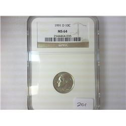 1991-D ROOSEVELT DIME NGC MS64