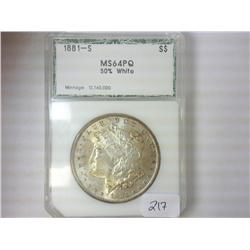 1881-S MORGAN SILVER DOLLAR PCI MS64PQ 50% WHITE