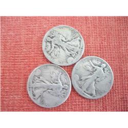 3 Walking Liberty 90% Silver Half Dollars, 1941,42,43