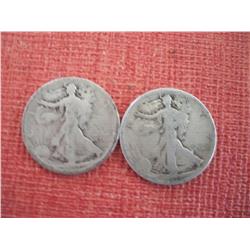 2 Walking Liberty 90% Silver Half Dollars, 1943, 1933