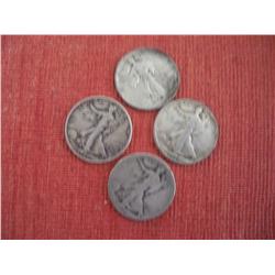 4 Walking Liberty 90% Silver Half Dollars, 1918, 1927, 1927,1936
